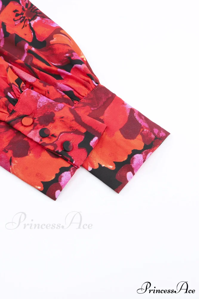 Blouse Lantern Arm Flowered Design in Red - Image 8