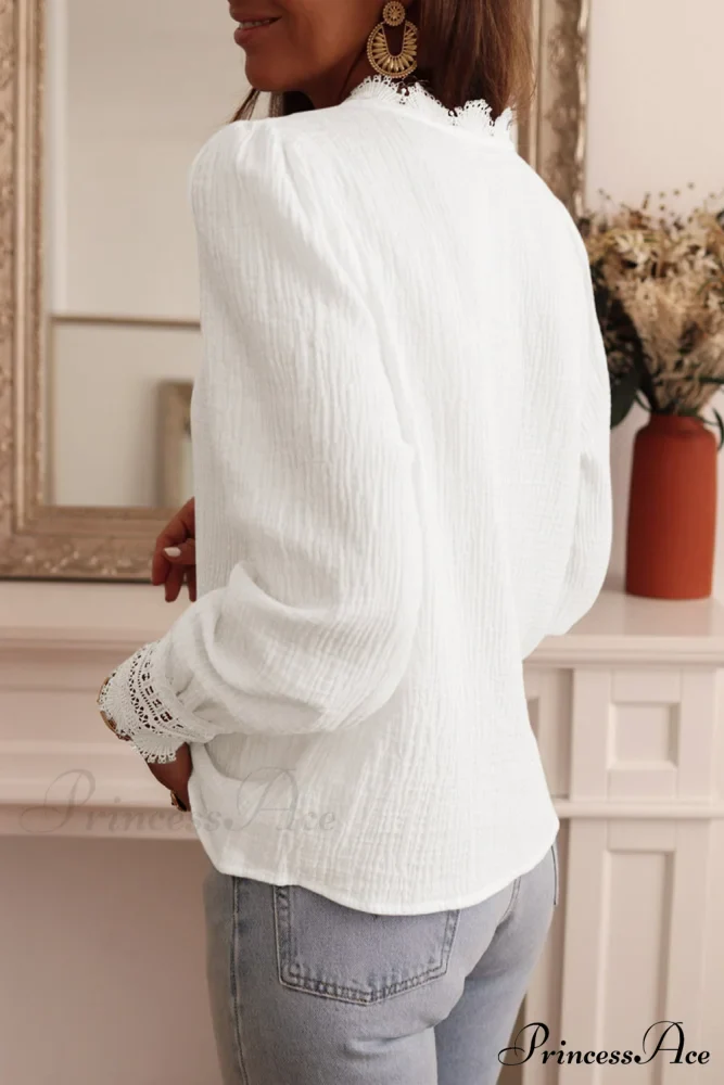 Crochet Blouse with Trim Lace Deep V Neck White Textured Detail - Image 2