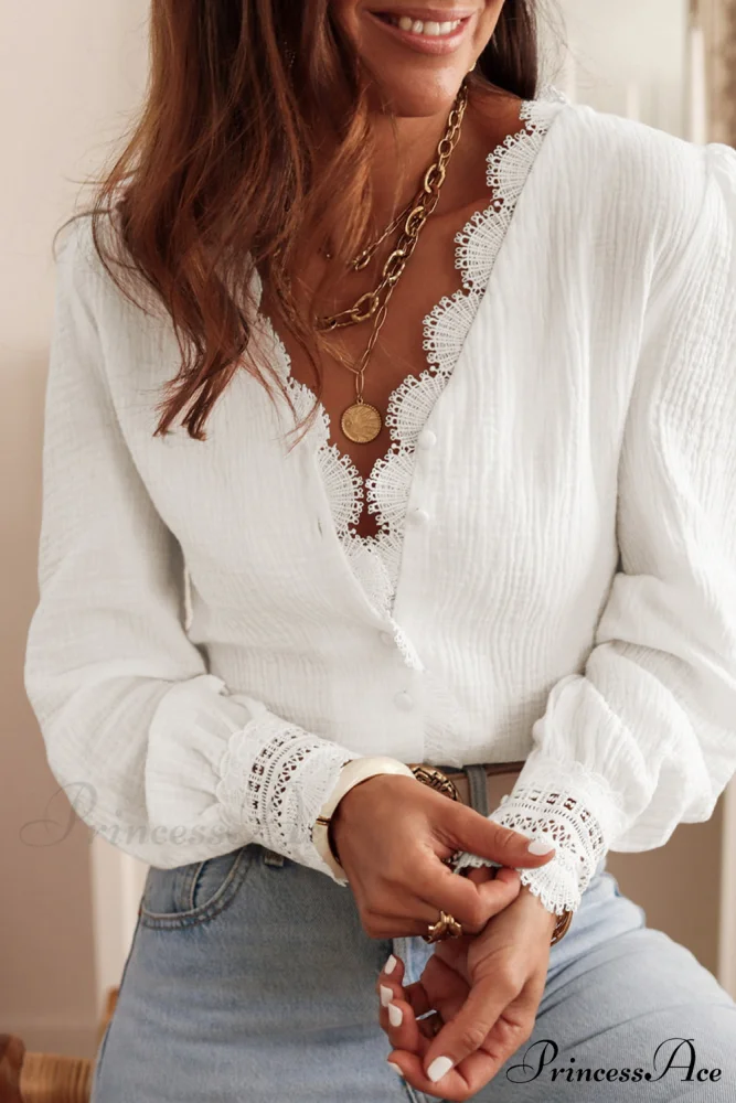 Crochet Blouse with Trim Lace Deep V Neck White Textured Detail - Image 3