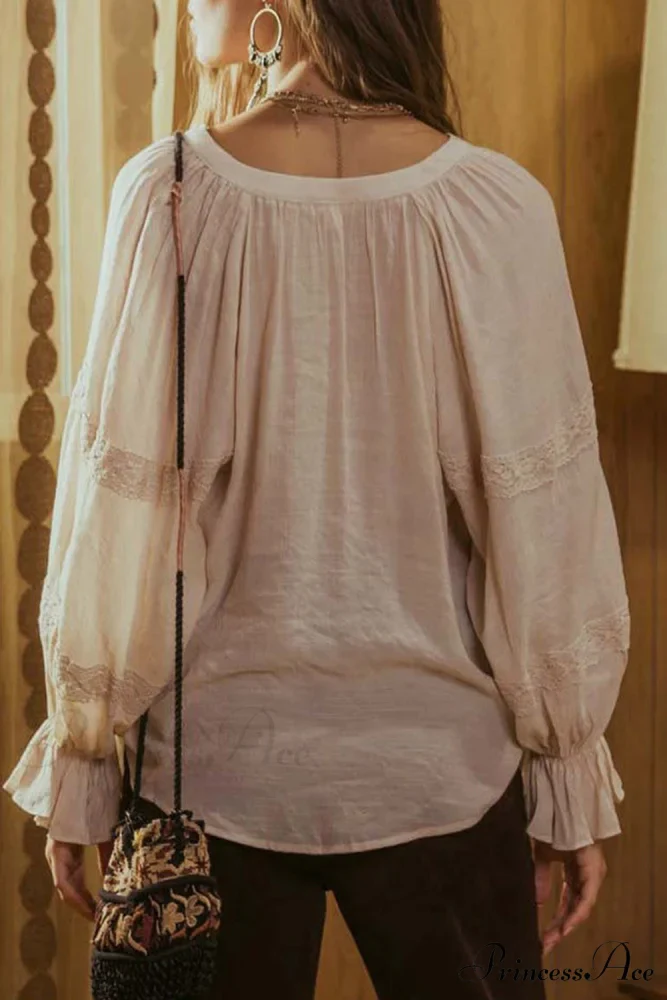 V Beige Drawstring Patchwork Neck Ruffled Lace Top - Image 2