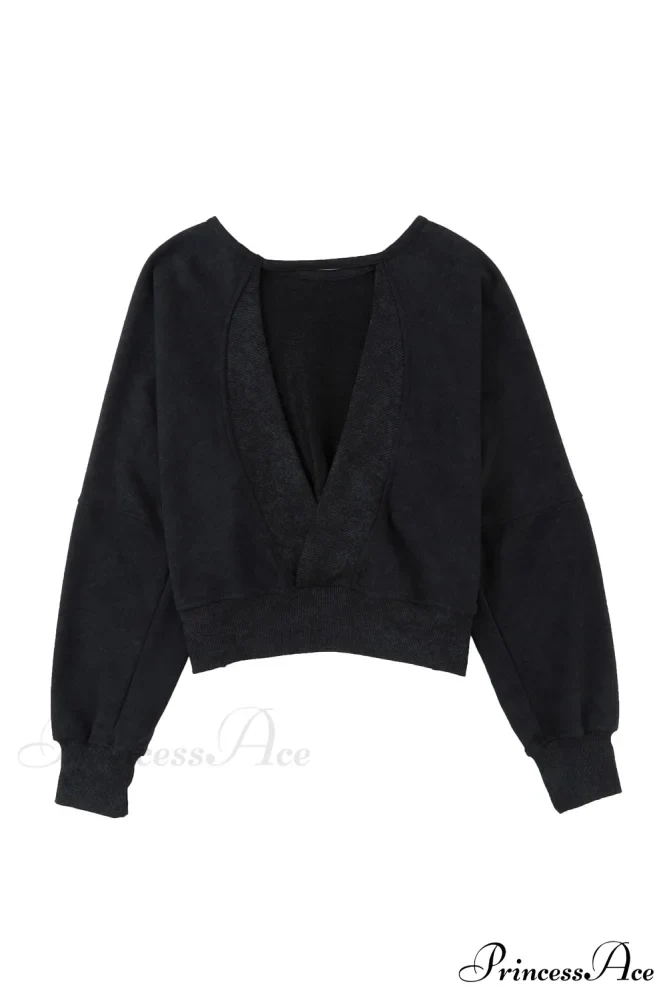 Acid Back Wash Open V-shape in Sweatshirt Black - Image 9