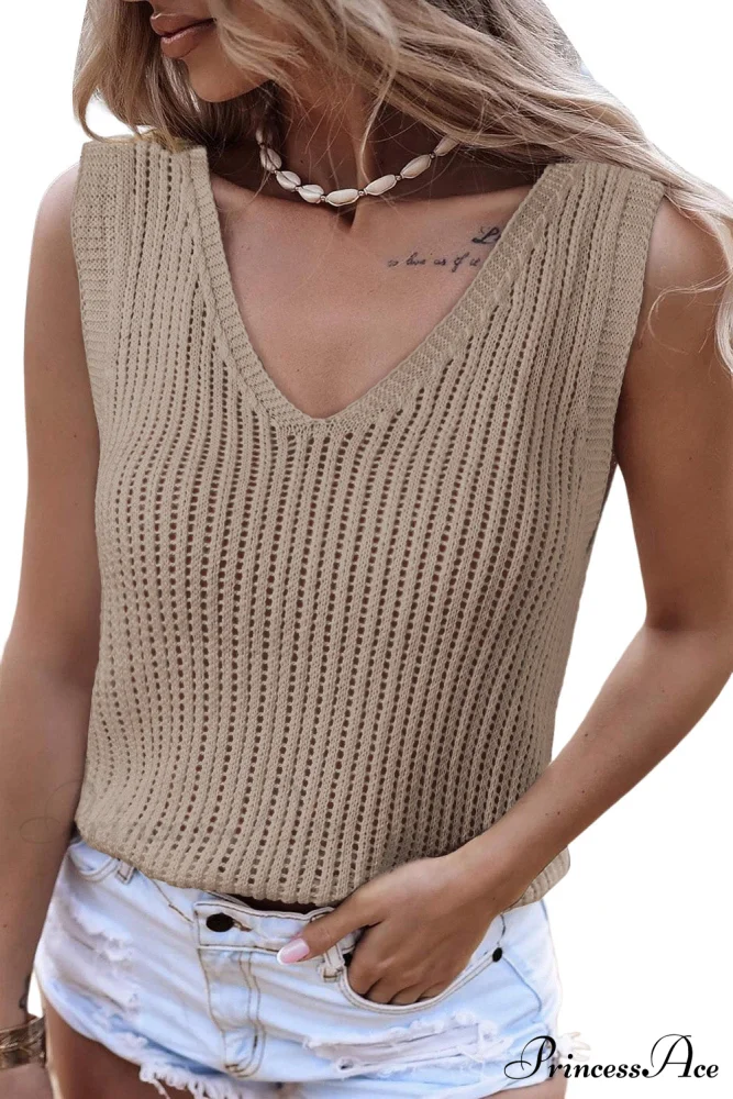 in V Knit Top Neck Tank Khaki - Image 10