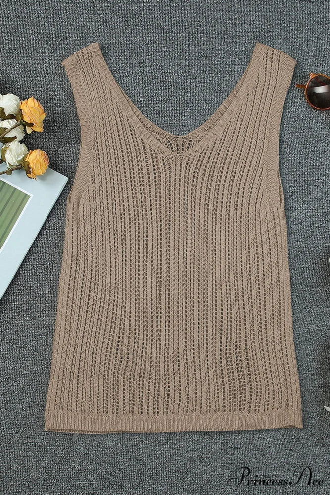 in V Knit Top Neck Tank Khaki - Image 3
