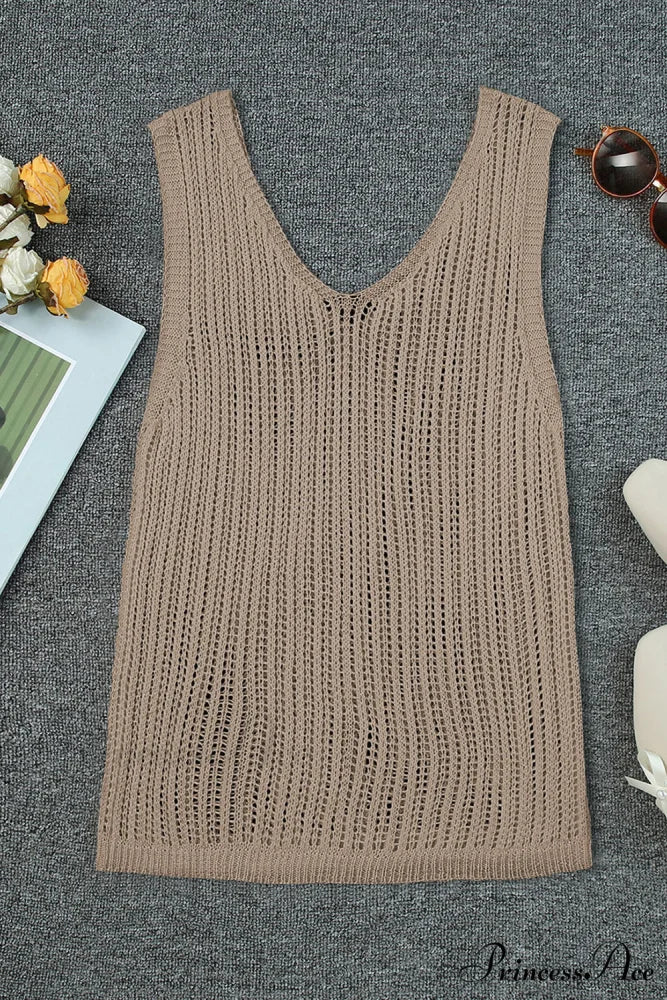 in V Knit Top Neck Tank Khaki - Image 4