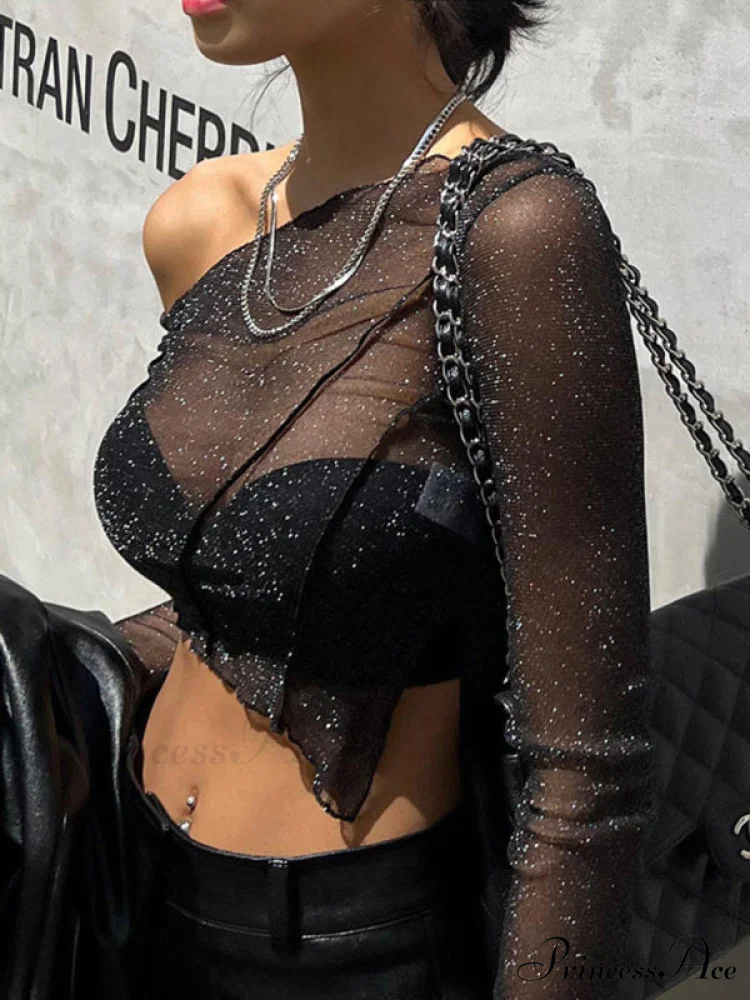Top Solid Mesh Color for One-shoulder Sexy Crop Sheer Women - Image 3