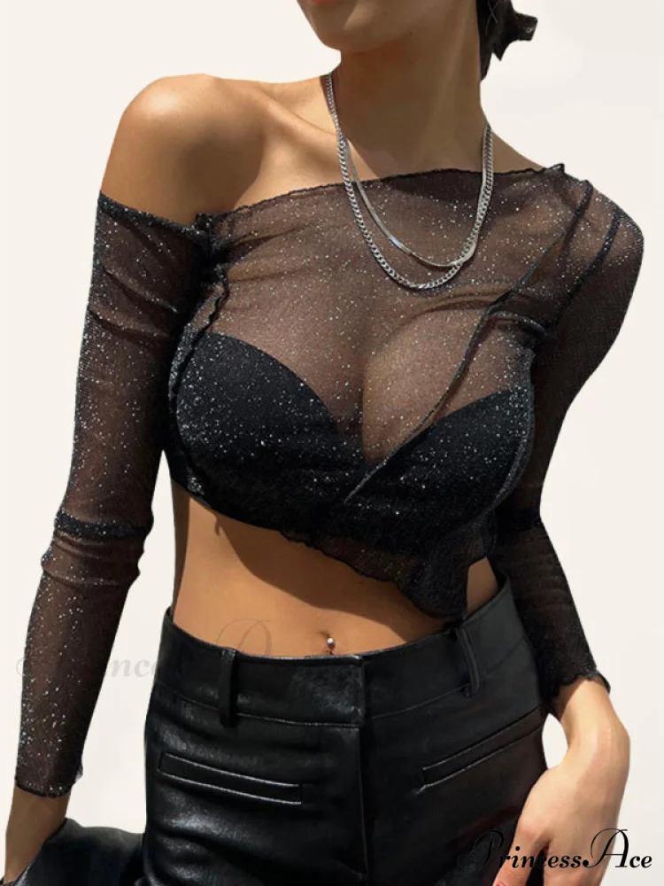 Top Solid Mesh Color for One-shoulder Sexy Crop Sheer Women - Image 5