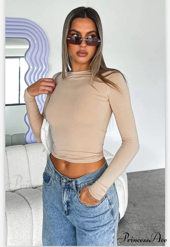 Neck Women's Arm Round Long Color Solid Slim T-Shirt - Image 4