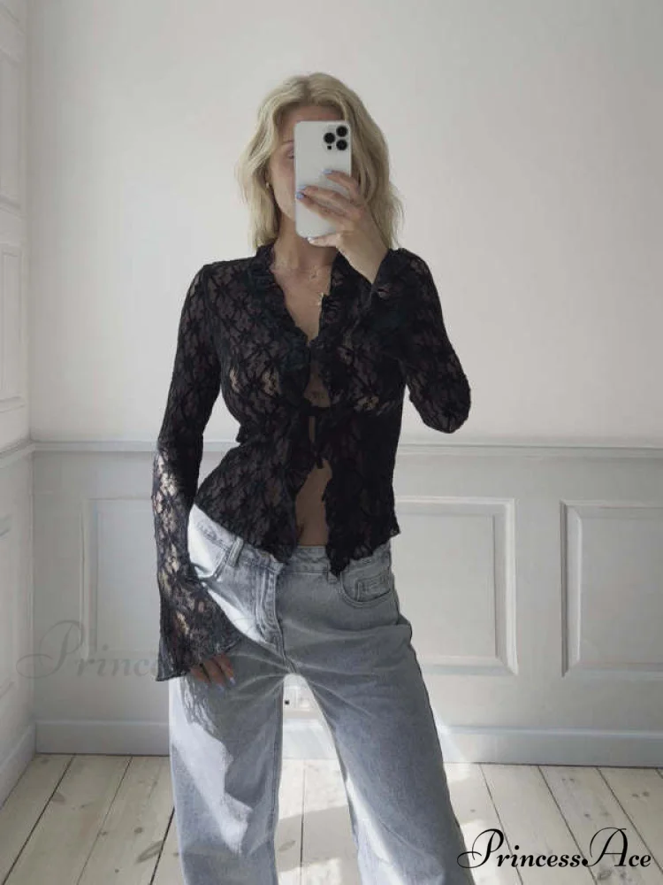 Hollow Fashionable See-Through Mesh Long-Sleeved Women's Lace Top/Cardigan/Blouse - Image 2