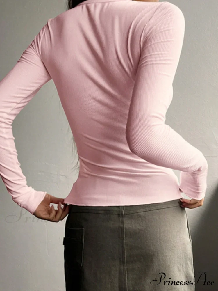 buttoned top U-neck long-sleeved knitted for women - Image 2