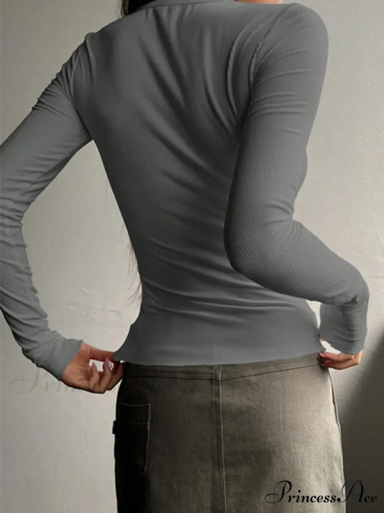 buttoned top U-neck long-sleeved knitted for women - Image 8