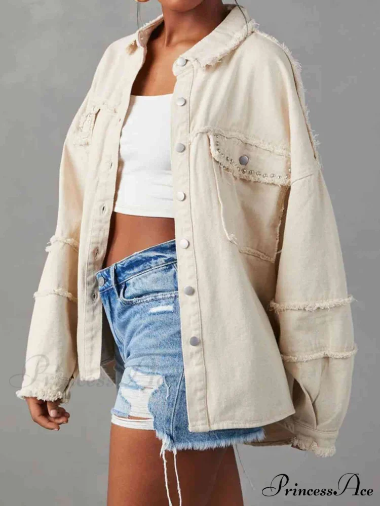 Long Raw Down Arm Denim Top Hem Button Jacket - Image 2