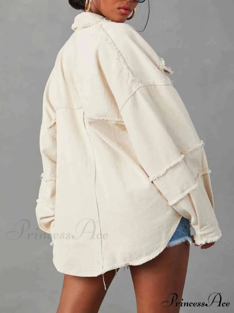 Long Raw Down Arm Denim Top Hem Button Jacket - Image 3