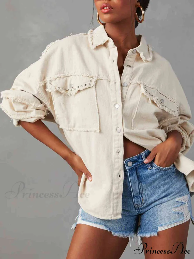 Long Raw Down Arm Denim Top Hem Button Jacket - Image 4