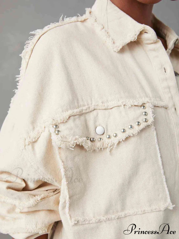 Long Raw Down Arm Denim Top Hem Button Jacket - Image 5