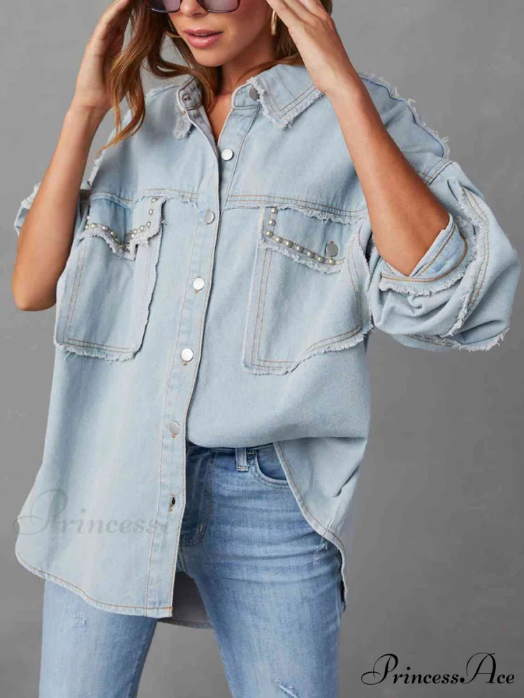 Long Raw Down Arm Denim Top Hem Button Jacket - Image 6