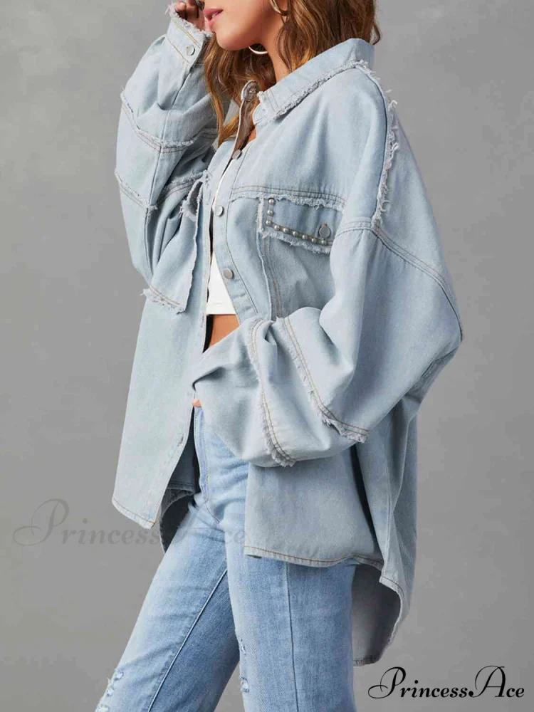 Long Raw Down Arm Denim Top Hem Button Jacket - Image 7