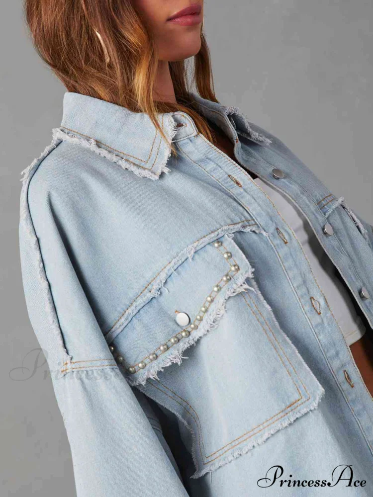 Long Raw Down Arm Denim Top Hem Button Jacket - Image 8