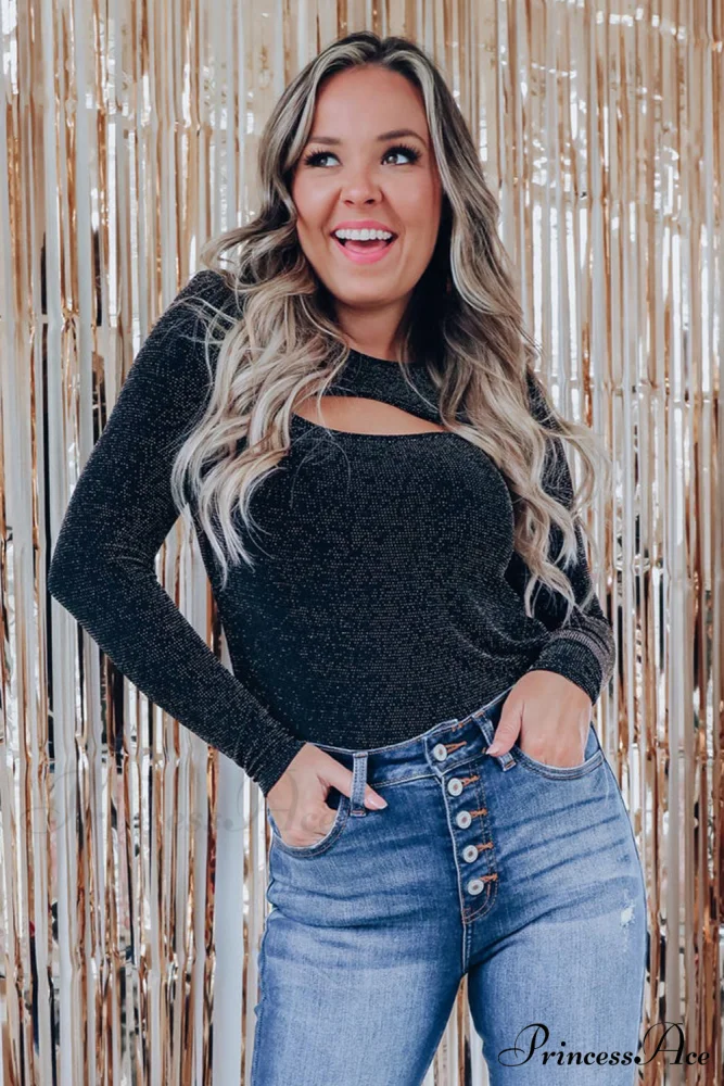 Arm Out in Top Long Metallic Cut Sparkle Black - Image 10