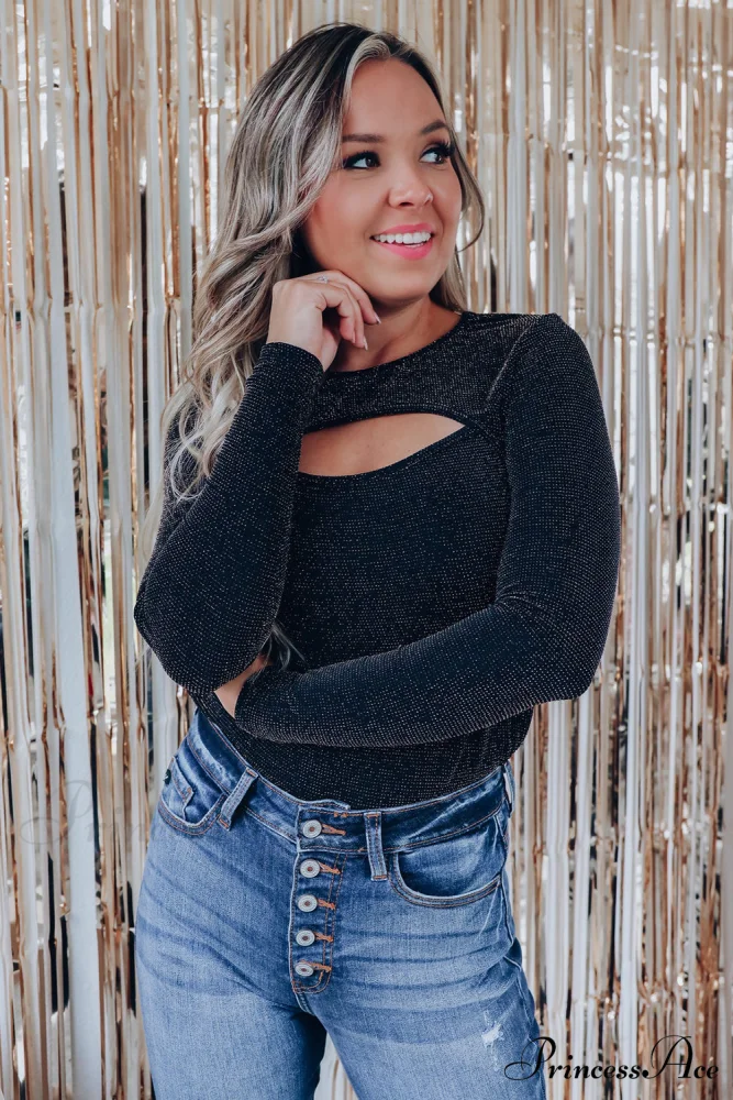 Arm Out in Top Long Metallic Cut Sparkle Black - Image 11