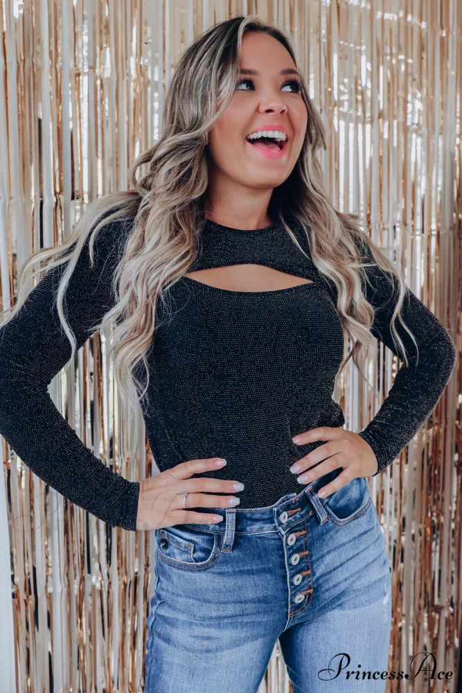 Arm Out in Top Long Metallic Cut Sparkle Black - Image 12