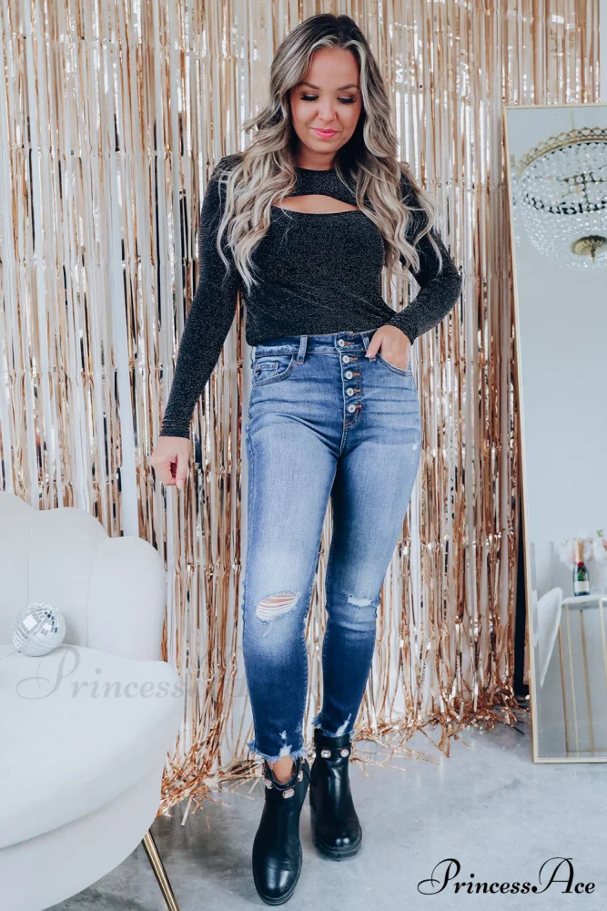 Arm Out in Top Long Metallic Cut Sparkle Black - Image 13