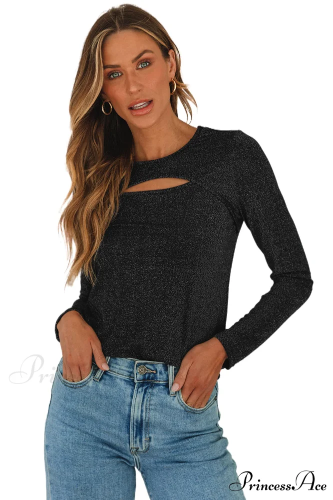 Arm Out in Top Long Metallic Cut Sparkle Black - Image 15