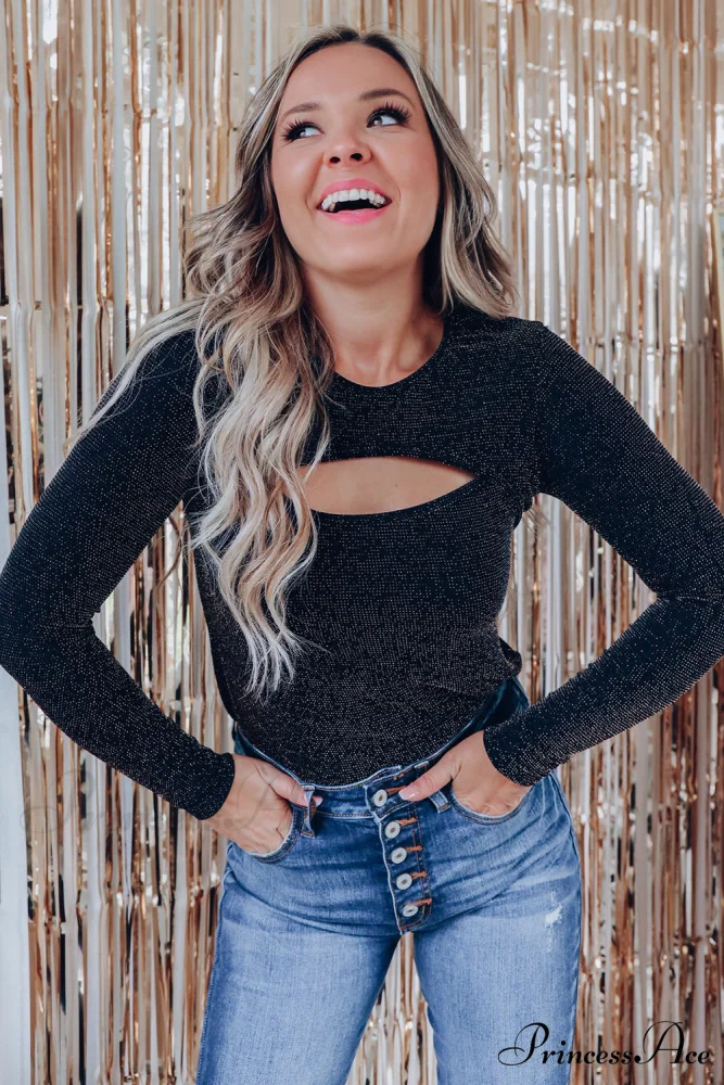 Arm Out in Top Long Metallic Cut Sparkle Black - Image 9