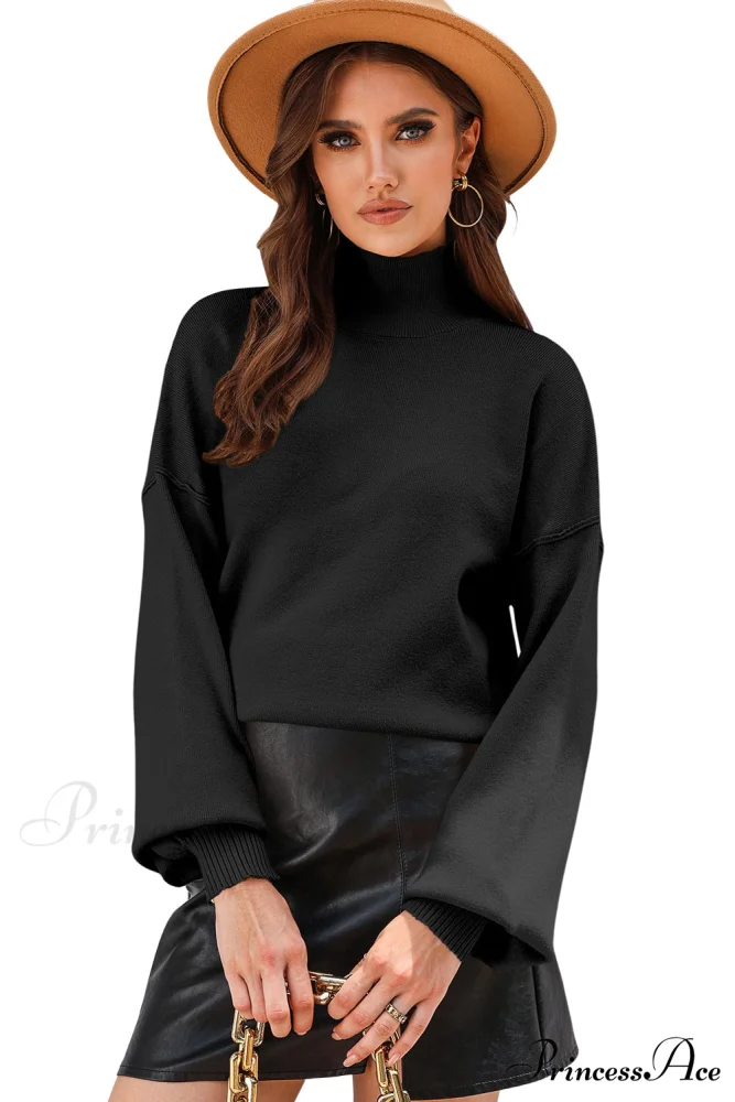 Shoulder Arm Turtleneck Knit Bubble Sweater Drop in Black - Image 10