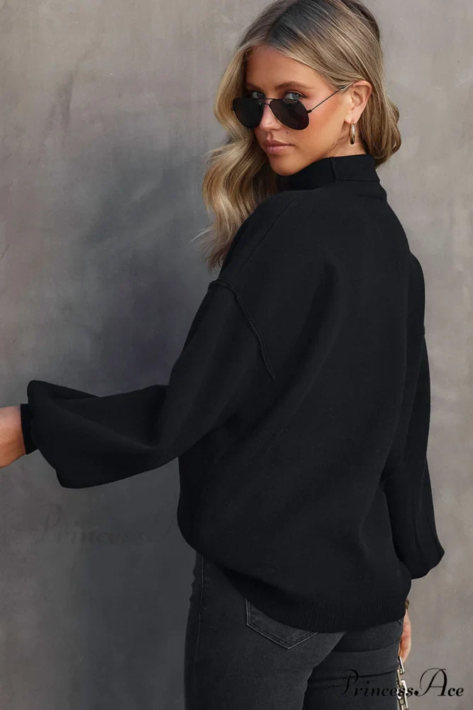 Shoulder Arm Turtleneck Knit Bubble Sweater Drop in Black - Image 2