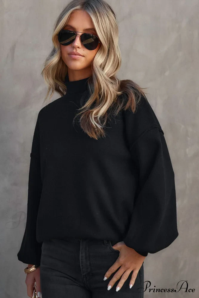 Shoulder Arm Turtleneck Knit Bubble Sweater Drop in Black - Image 3