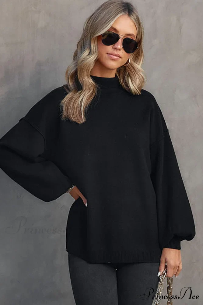 Shoulder Arm Turtleneck Knit Bubble Sweater Drop in Black - Image 5