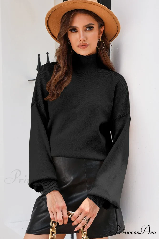 Shoulder Arm Turtleneck Knit Bubble Sweater Drop in Black - Image 8