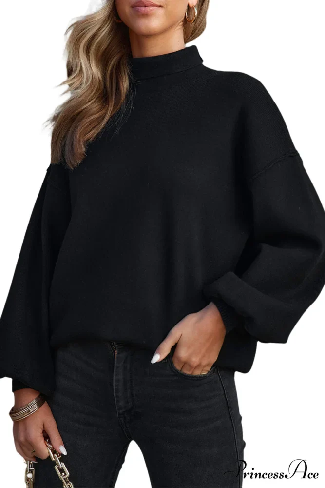 Shoulder Arm Turtleneck Knit Bubble Sweater Drop in Black - Image 9