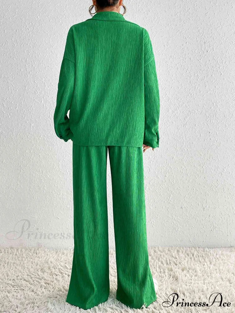 Slit Blouse and Pants Collared Set - Image 2