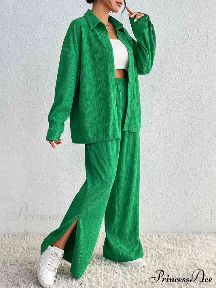 Slit Blouse and Pants Collared Set - Image 4