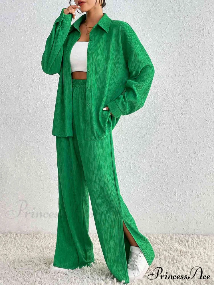 Slit Blouse and Pants Collared Set - Image 5