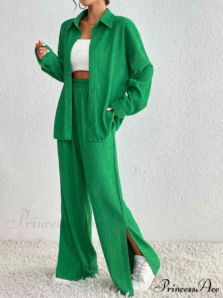 Slit Blouse and Pants Collared Set - Image 6