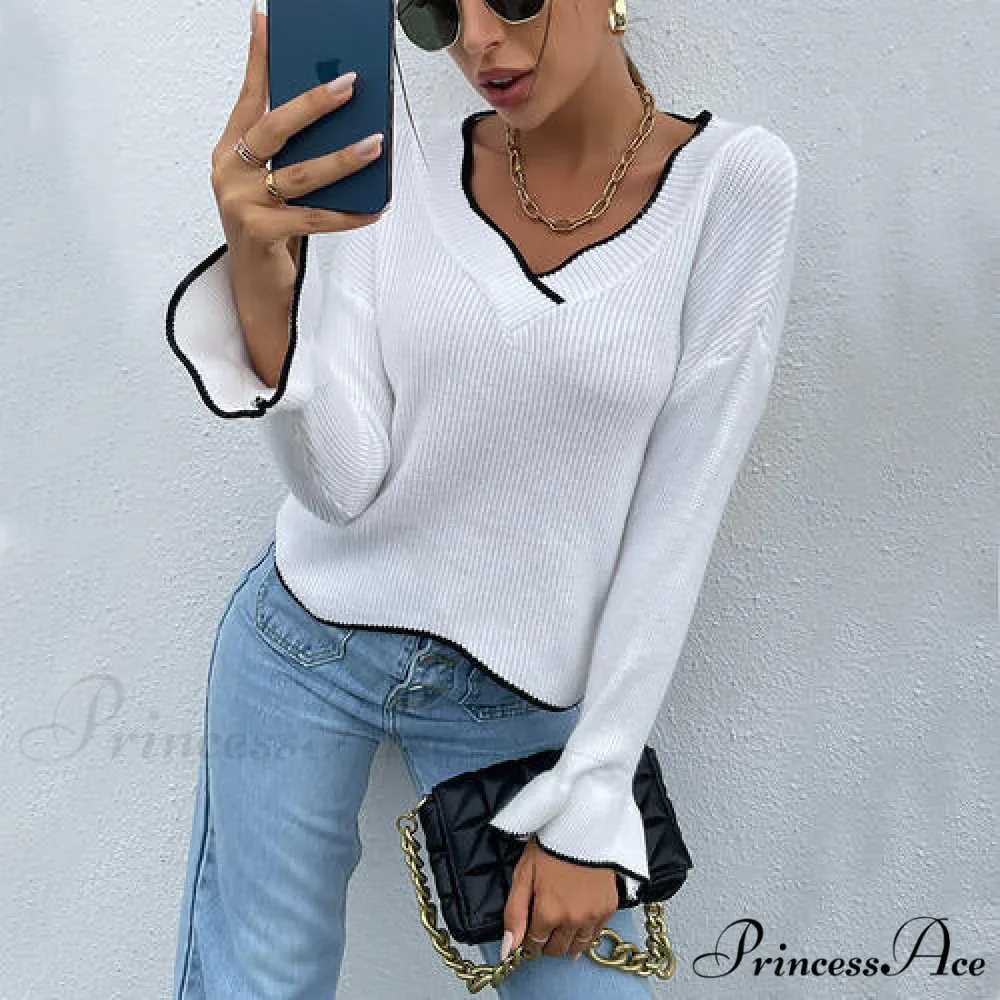 V-Neck Flounce Sweater with Sleeves - Image 3