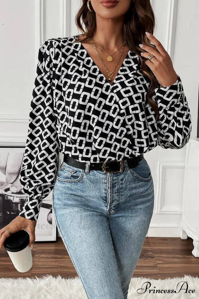 Long V-Neck Blouse Geometric Arm with Design - Image 2