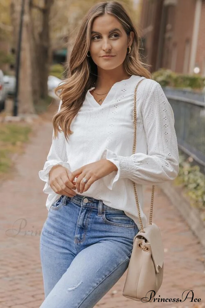Blouse with Flounce Openwork Notched Long Sleeves - Image 2