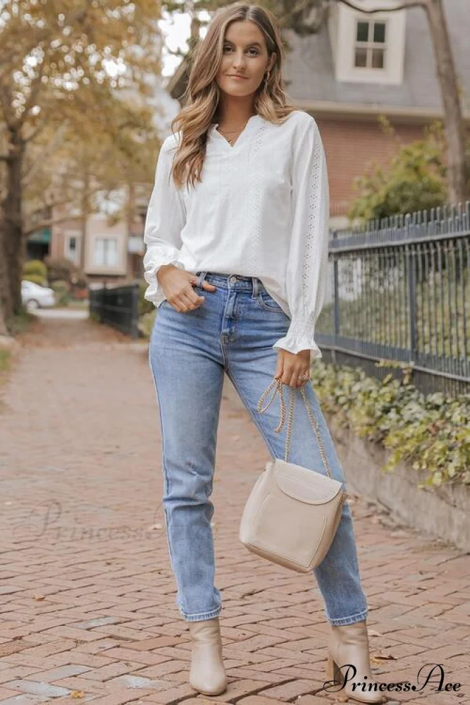 Blouse with Flounce Openwork Notched Long Sleeves - Image 3