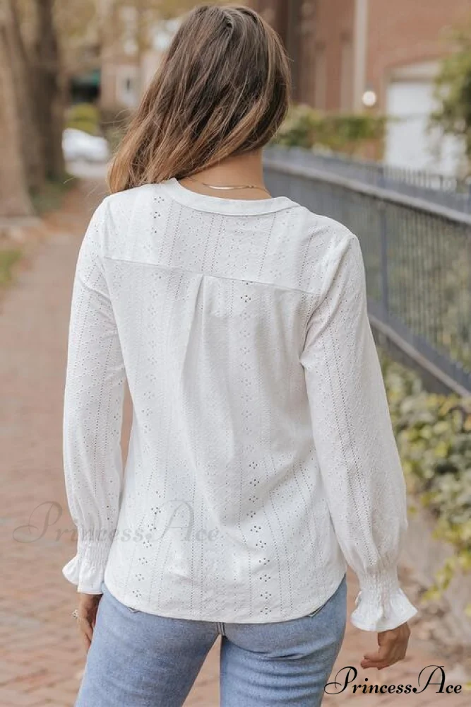 Blouse with Flounce Openwork Notched Long Sleeves - Image 4