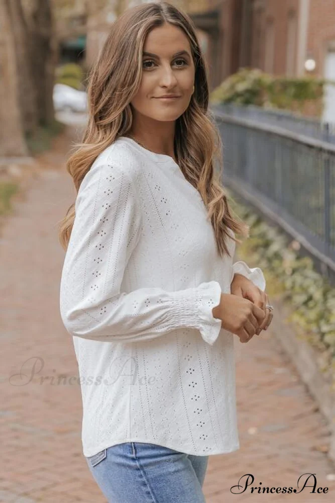 Blouse with Flounce Openwork Notched Long Sleeves - Image 6
