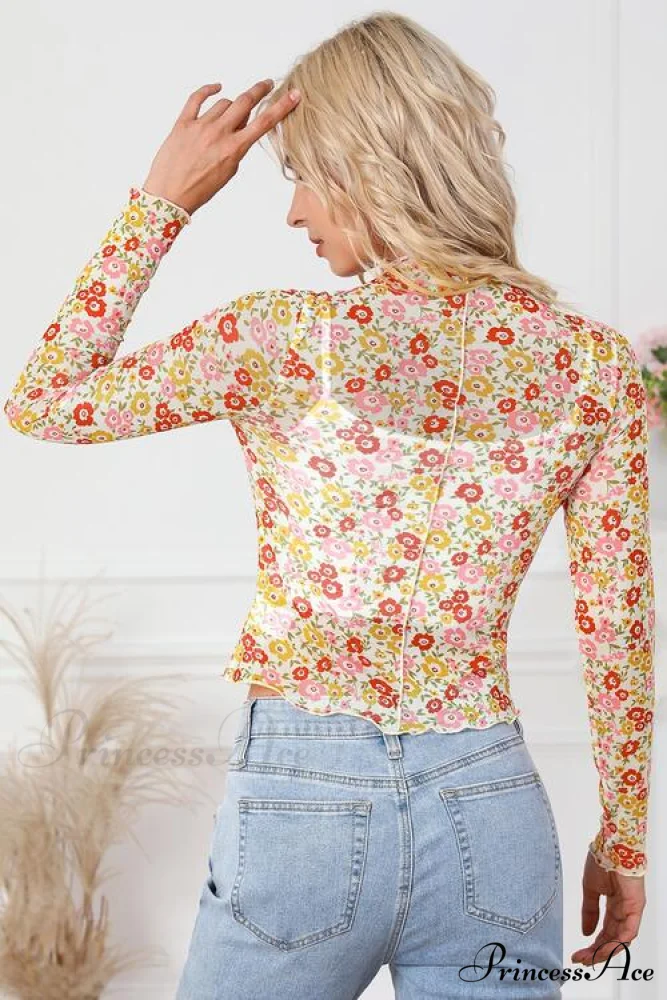 Long Arm Blouse Mock Flowered with Neck - Image 2