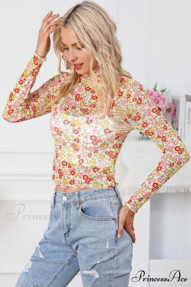 Long Arm Blouse Mock Flowered with Neck - Image 3