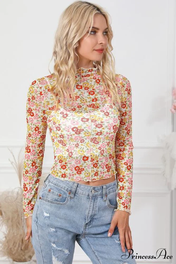 Long Arm Blouse Mock Flowered with Neck - Image 4