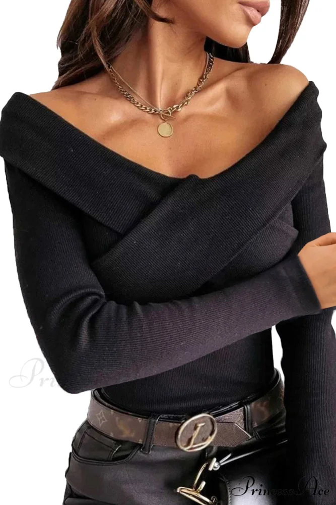 Top - Ribbed Casual Arm V Neck Crossed Long Black - Image 4