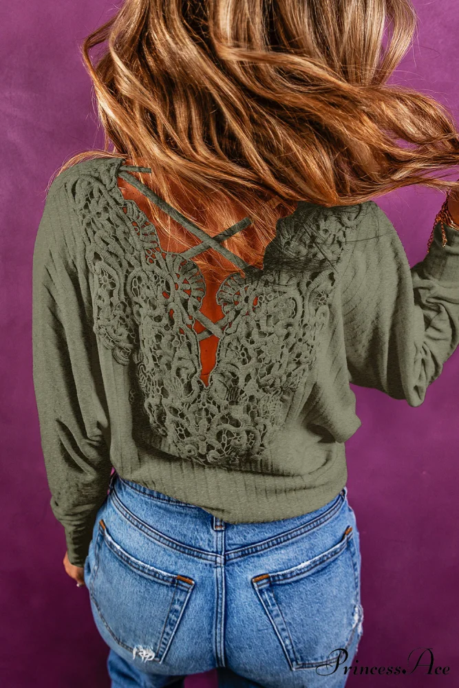 Open Lace-up Ribbed Back Green Crochet Top - Image 3