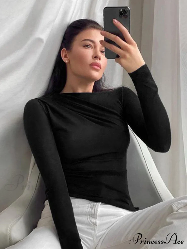 pleated color sleeve long Solid slim fit neck round T-shirt - Image 10