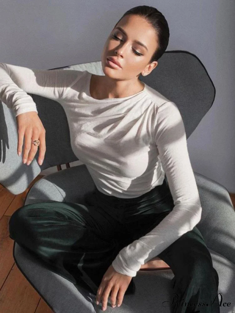 pleated color sleeve long Solid slim fit neck round T-shirt - Image 2